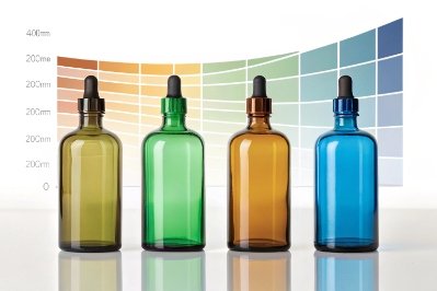 Four colored dropper bottles showing height scale and glass color options for cosmetics packaging