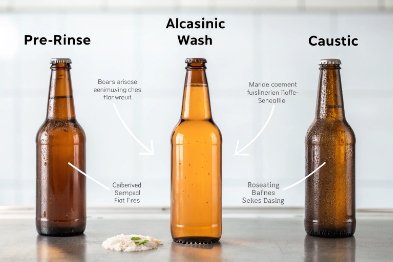 Three amber beer bottles showing pre-rinse, alkaline wash, and caustic cleaning stages