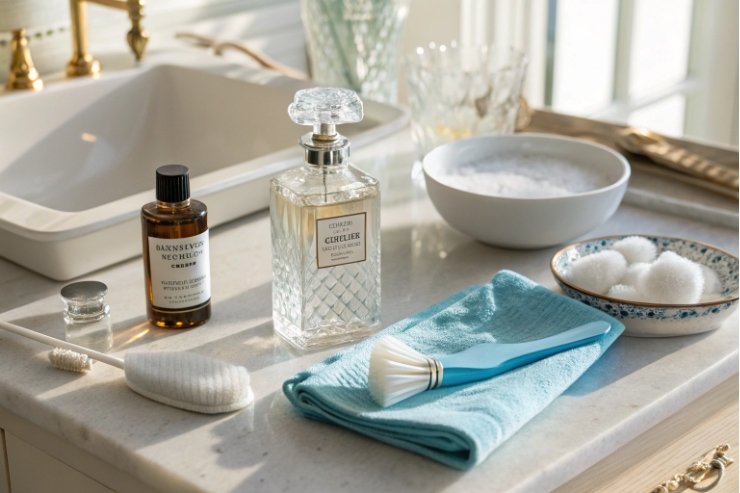 Glass fragrance bottles and grooming tools arranged on bright bathroom vanity countertop.