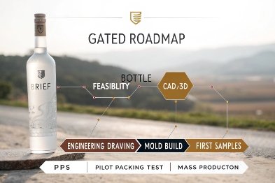 Gated roadmap graphic for custom glass bottle development from brief to mass production