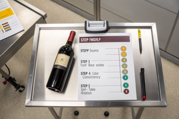 Wine bottle on inspection table with finish quality checklist and tools