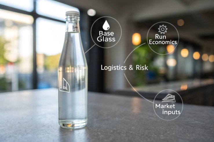 Clear glass water bottle with logistics and market inputs infographic overlay
