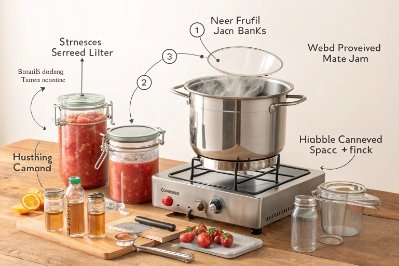 Home canning setup with stockpot, stove, jars, and strawberry jam ingredients on counter