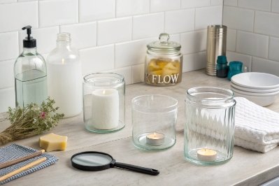 Glass jars and dispensers on bathroom counter, showing DIY storage and candle containers