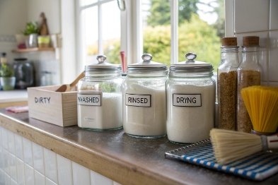 Labeled glass jars show dirty, washed, rinsed, and drying steps on kitchen counter