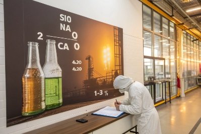 Quality inspector reviewing glass bottle specs in modern factory lab