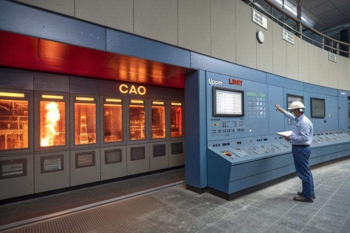 Glass furnace control room monitoring CaO levels through inspection windows and HMI panels.