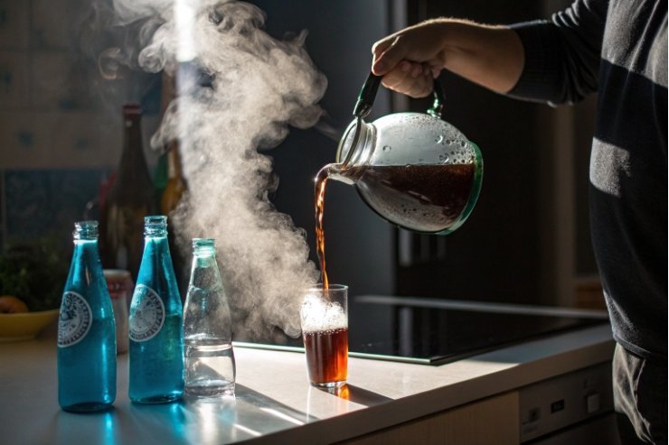 Hot coffee poured into glass beside blue soda bottles, steam rising in kitchen.