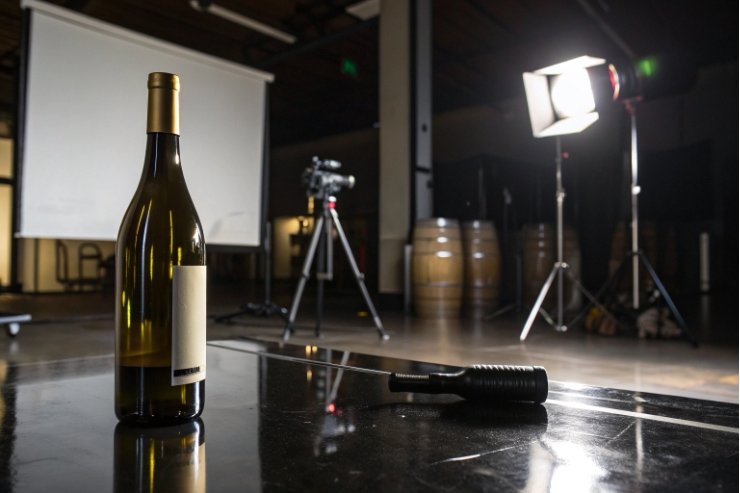 Wine bottle on studio set with lighting and corkscrew for product photography.