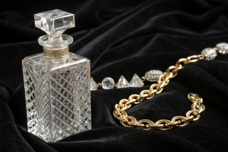 Cut crystal decanter bottle on black velvet with gold chain jewelry.