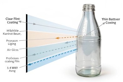 Clear glass bottle diagram showing UV barrier flint coating and light transmission layers