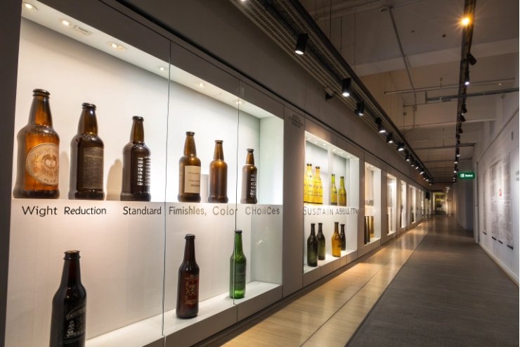 Glass bottle design showcase in hallway display cases for color, finish and lightweight options