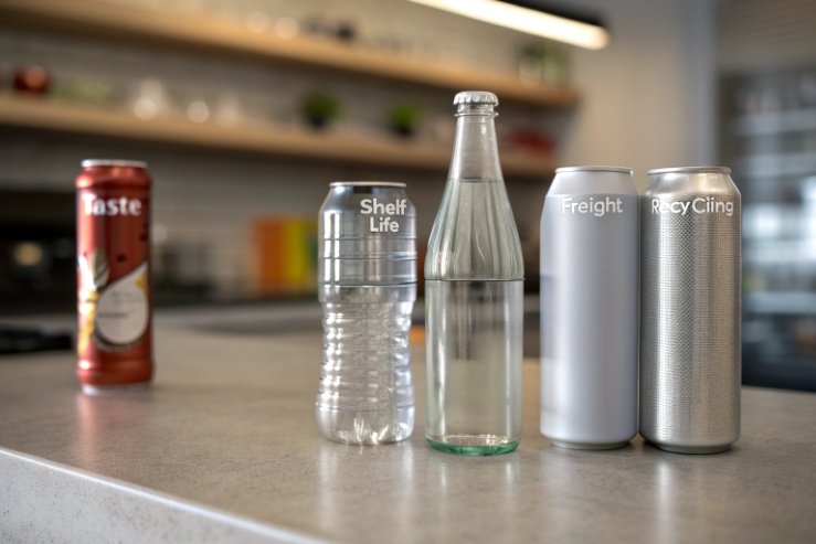 Plastic, glass and aluminum drink containers compared for shelf life, freight, recycling