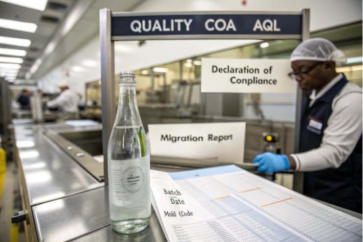 Glass bottle on QA line with COA AQL compliance documents and migration report.