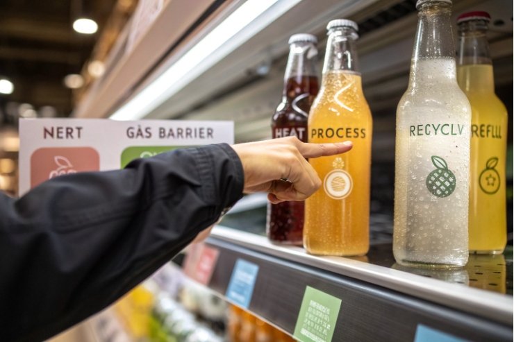 Hand pointing at reusable glass drink bottles on store shelf labeled recycle refill.