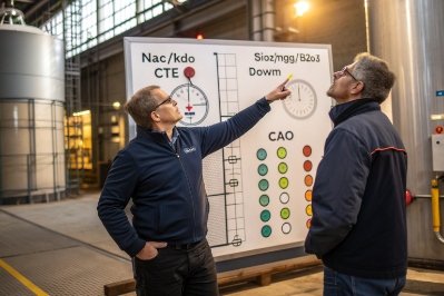 Engineers reviewing CTE and oxide targets on glass furnace process control board