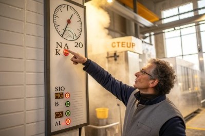 Engineer adjusting furnace composition gauge and CTE indicators inside glass plant