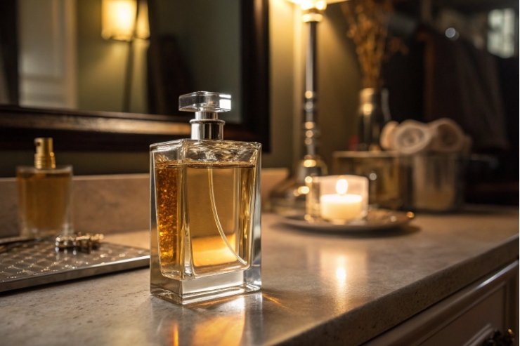 Square glass perfume bottle on bathroom vanity with warm candlelight and mirror background.