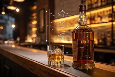 Whiskey bottle and rocks glass on bar counter with measurement overlay for packaging design