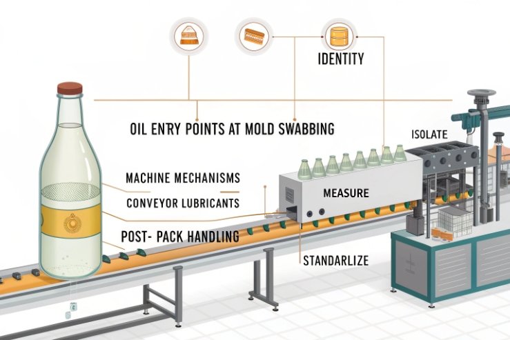 Glass bottle production line diagram showing oil entry points and conveyor lubricants