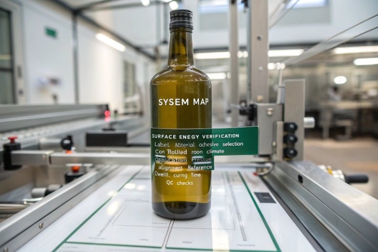 Green glass bottle on labeling line showing surface energy verification system map