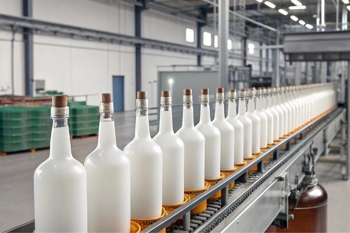 Frosted glass liquor bottles moving on conveyor in factory coating line