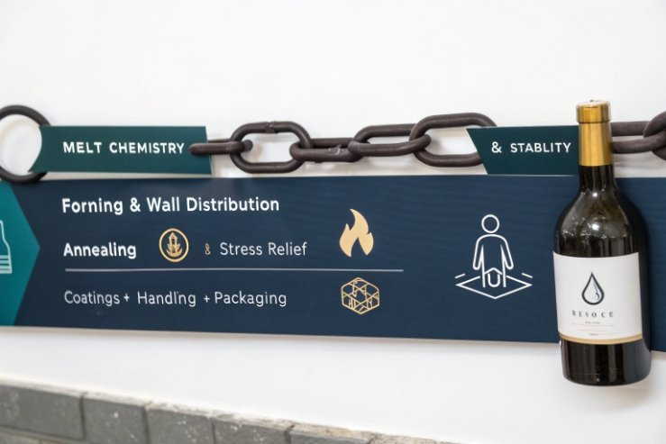 Wine bottle beside infographic on melt chemistry, annealing, coatings, and stability