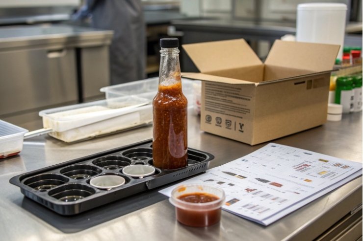 Hot sauce glass bottle on stainless workbench with sample tray, packaging box, and spec sheet.