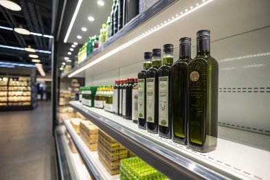 Olive oil glass bottles displayed on supermarket shelf under LED lighting
