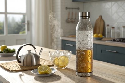 Steaming tea in clear glass bottle with metal lid on kitchen counter and lemon