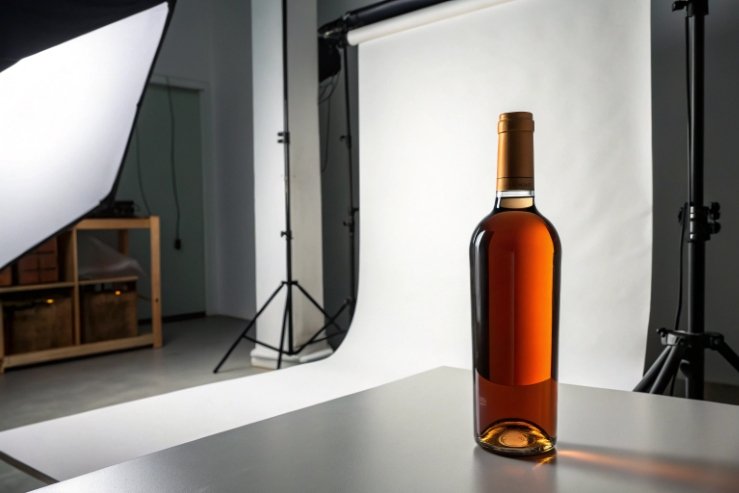 Amber spirits bottle on studio table with softbox lighting and white backdrop