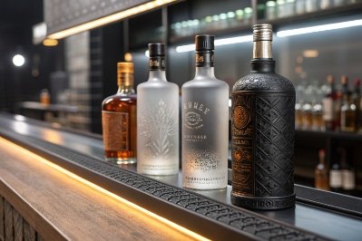 Luxury spirits bottles lined on modern bar counter, featuring embossed and frosted glass designs