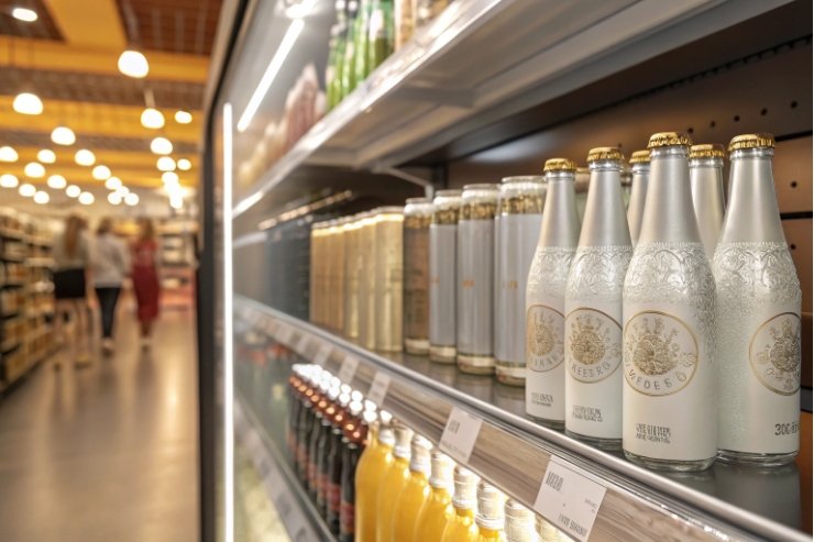 Premium glass beverage bottles displayed on retail shelf with price tags in supermarket aisle.
