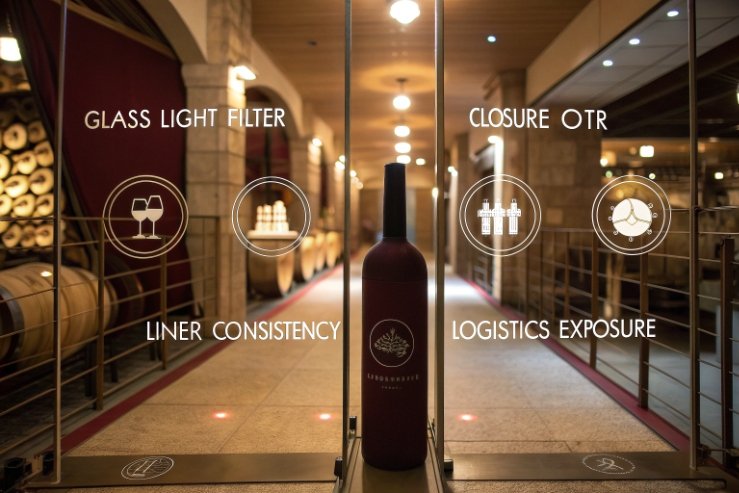 Wine bottle in cellar with icons for glass light filter, closure OTR, logistics exposure