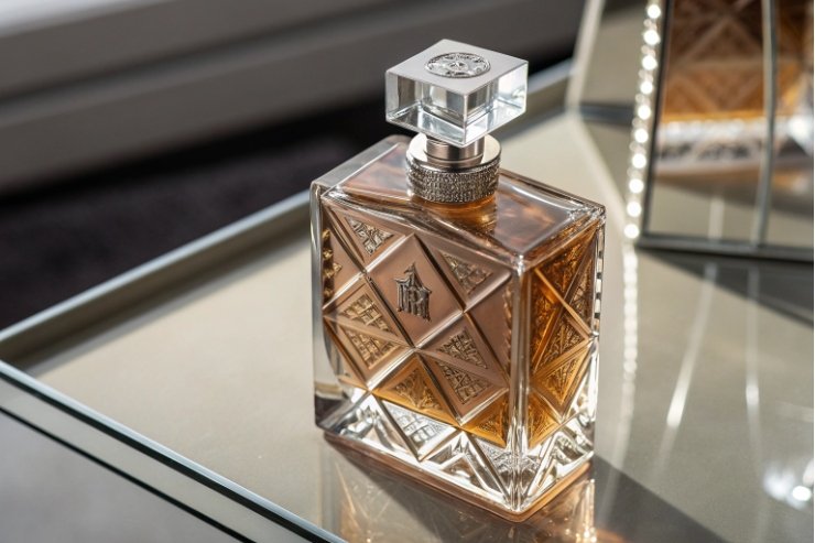 Luxury embossed glass perfume bottle with amber fragrance on mirrored tabletop.
