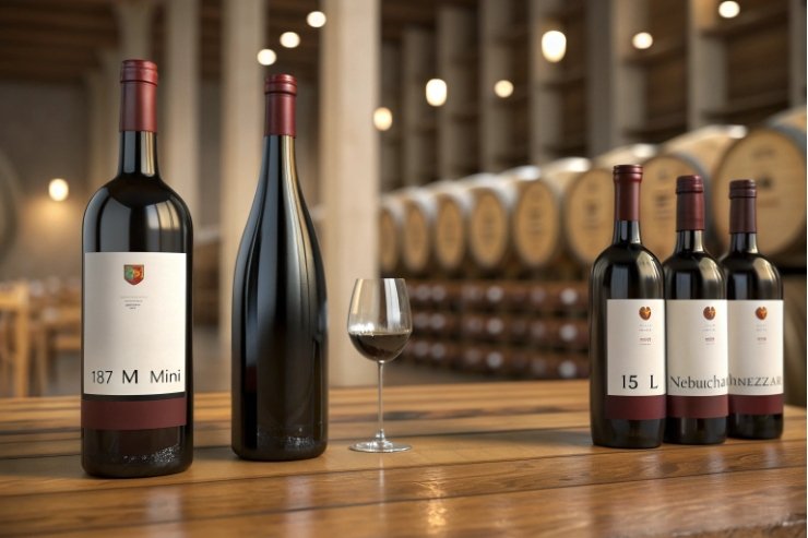 Assorted wine glass bottles in cellar, showing mini, magnum, and 1.5L sizes.
