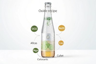 Glass bottle infographic showing oxide recipe with silica soda lime alumina and cullet materials