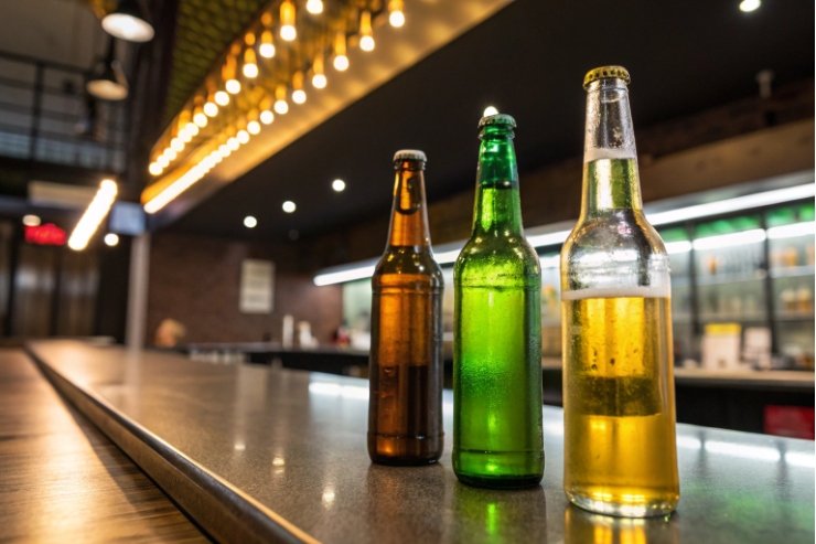 Amber, green, and clear beer bottles standing on bar counter under warm lights.