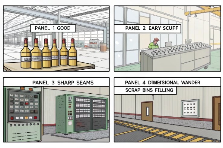 Bottle defect panels showing good, scuff, sharp seams, and dimensional wander scrap