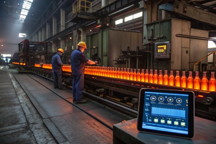 Glass bottle forming line with workers monitoring hot bottles and digital process dashboard.