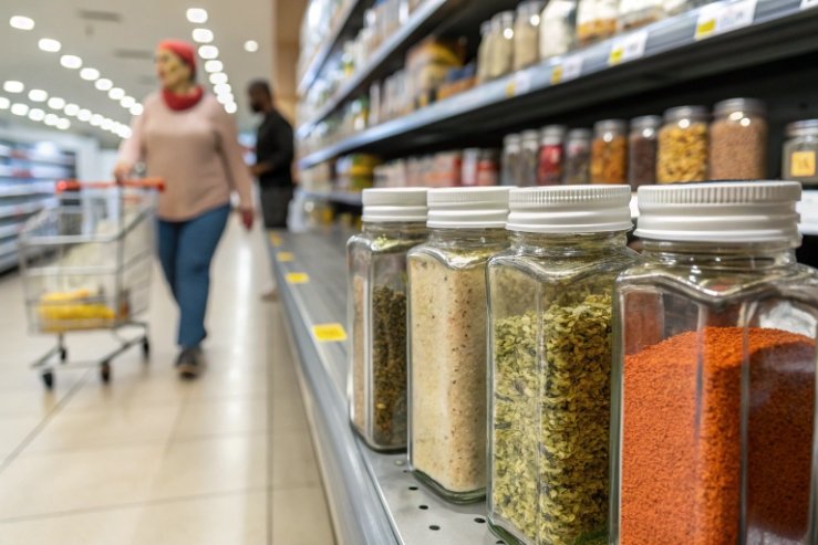 Square glass spice jars with white lids displayed on supermarket shelf