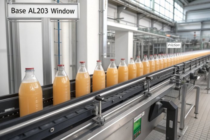 Returnable juice bottles on conveyor line showing base Al2O3 window and friction