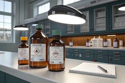 Amber laboratory reagent bottles with hazard labels on bench under task light