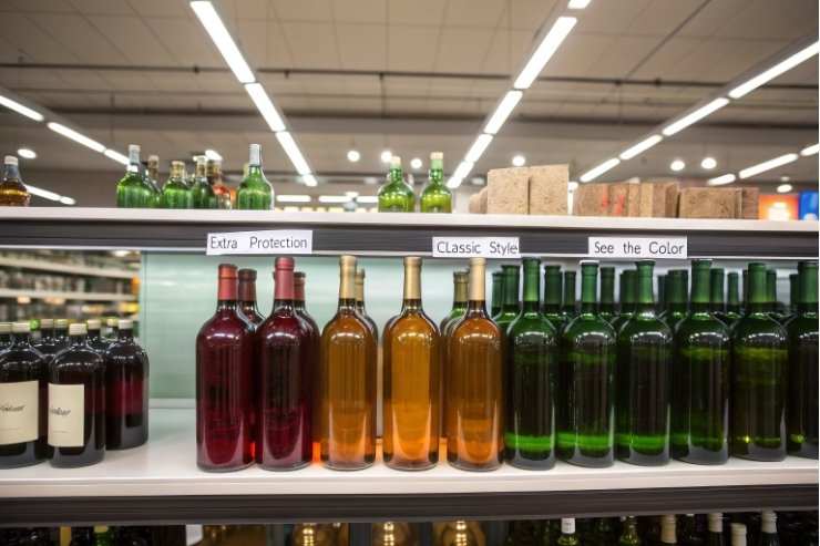 Wine bottles in colored glass showing light protection and shelf appeal