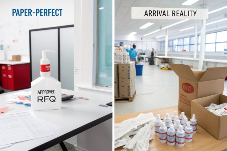 Approved RFQ paperwork and sample bottles in quality control lab, arrival inspection area