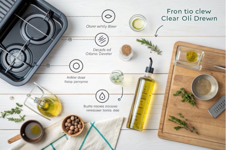 Flat lay kitchen scene with clear olive oil bottle, herbs, cutting board and icons