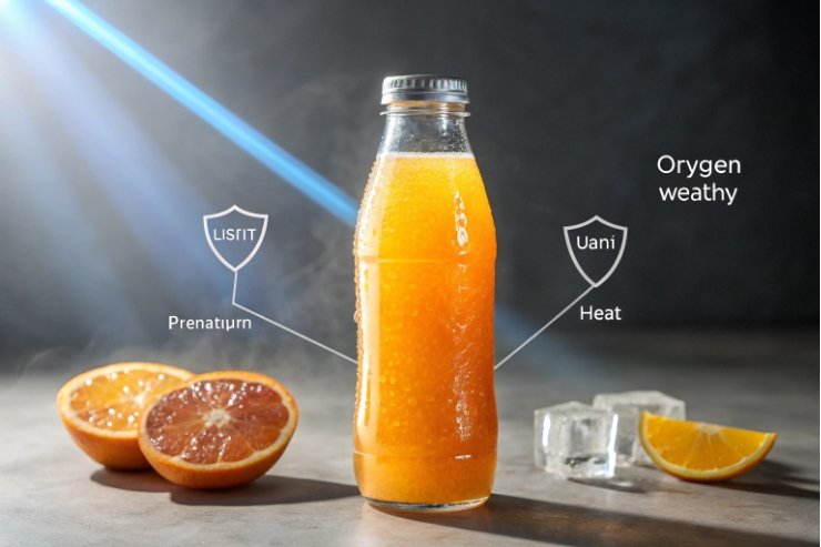 Glass orange juice bottle with citrus slices and ice, highlighting oxygen and heat factors.
