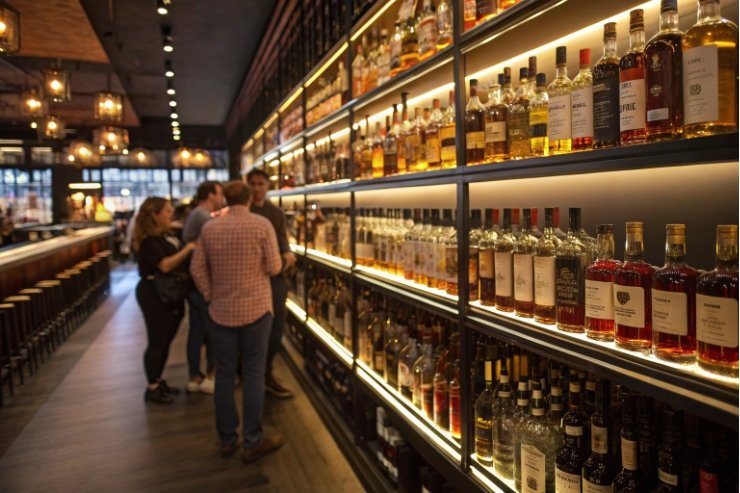 Group viewing illuminated wall of spirits bottles in stylish bar interior