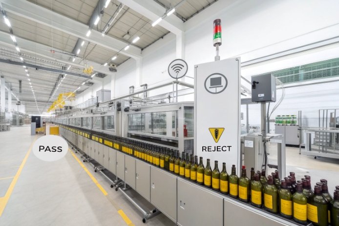 Automated vision inspection line sorting wine bottles pass and reject.