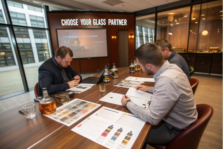 Spirits brand team reviewing custom glass bottle options with choose your glass partner sign
